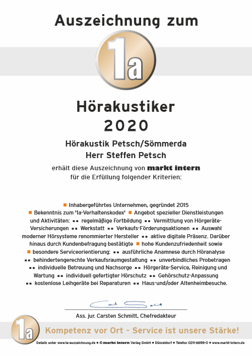 Hörakustik Petsch - Auszeichnung zum 1a Hörakustiker 2020